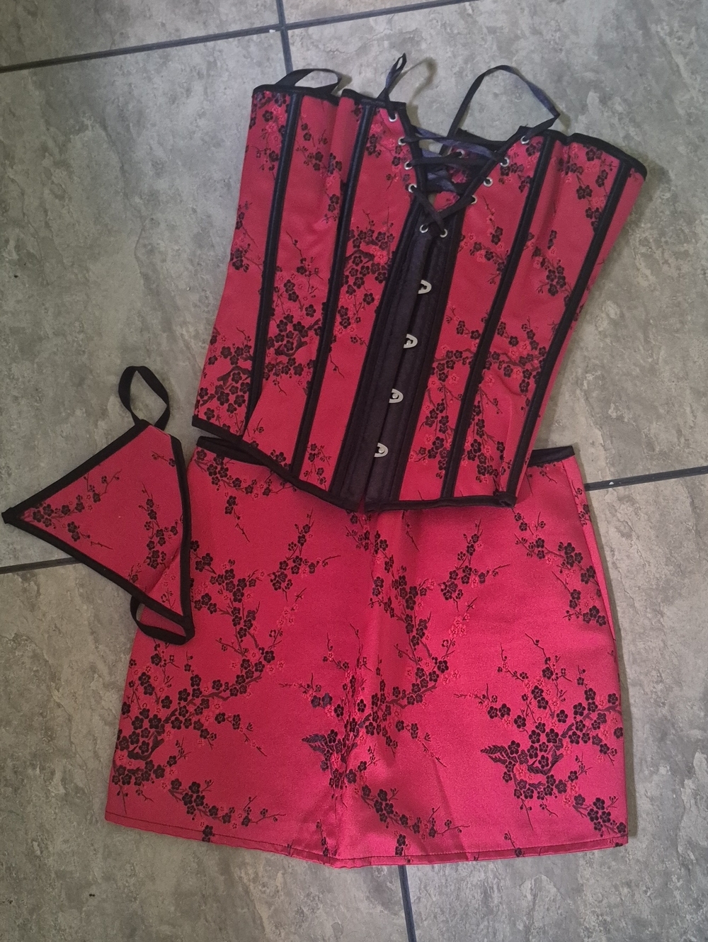 Red Floral Satin Corset Mini Skirt Set- Women's Elegant Jacquard